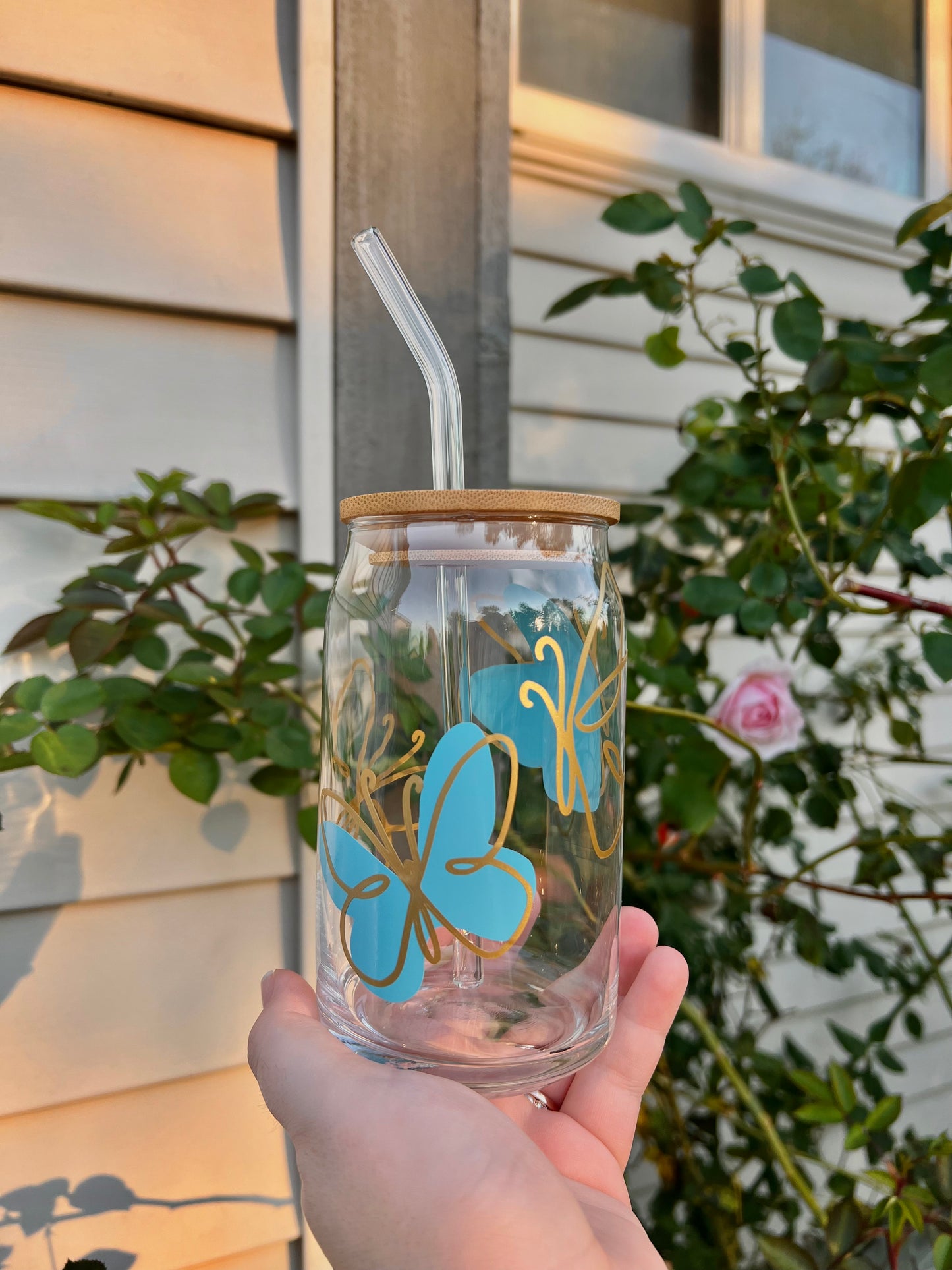 Butterfly Glass Cup with Bamboo Lid & Straw - 16oz