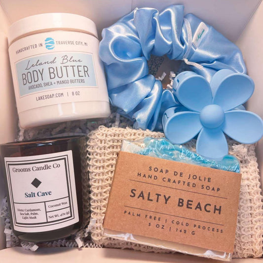 holiday gift bundle with body butter, scrunchie, soap and candle