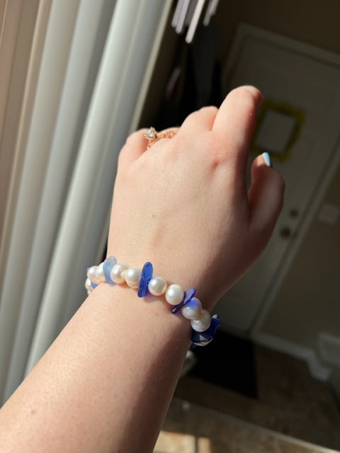 Michigan Sea Glass and Pearl Bracelet - Deep Blue