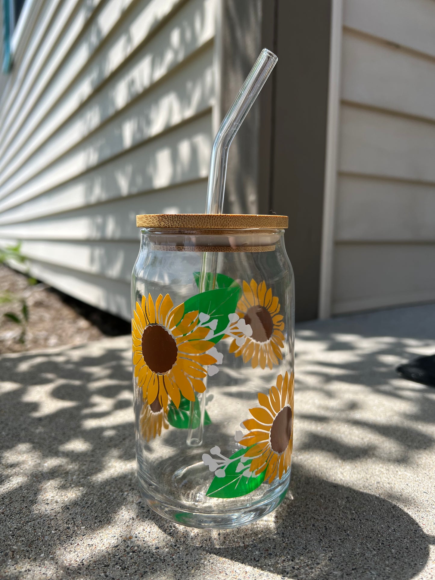 Sunflower Glass Cup with Bamboo Lid & Straw - 16oz